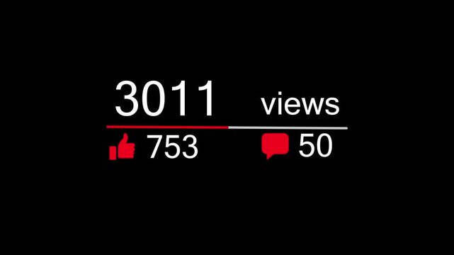 Youtube views and likes statistics. Post impression growing success counter rate. Blog engagement tracking. Interaction, comments and view analytics. Alpha channel transparent MOV video overlay