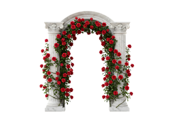 Elegant wrought iron gates adorned with lush red roses and greenery creating a romantic entrance transparent background