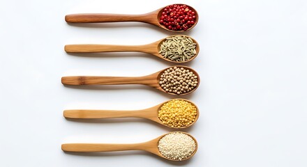 Five wooden spoons filled with different types of grains and seeds