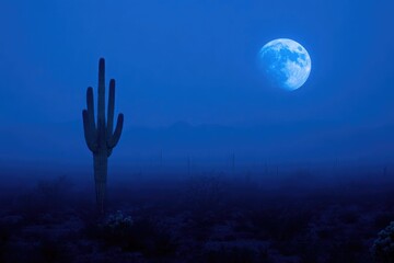 A blue-toned desert landscape featuring a saguaro cactus under a full moon and foggy mountains.