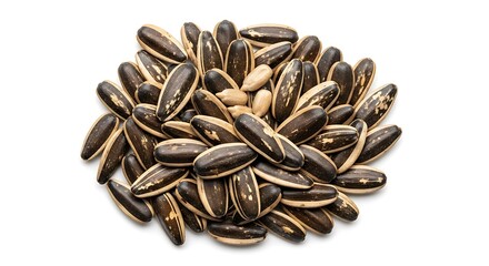Pile of striped sunflower seeds on a white background