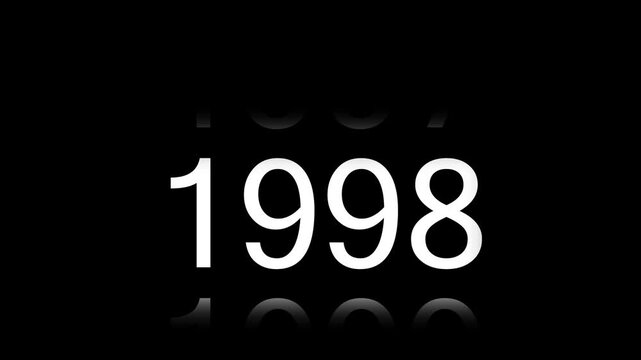 Dynamic scrolling progression timeline animation of 1990 to 2010 years on a 4k black background. Order number from the vertical past into the future era evolution time yearly 