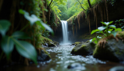 Serene waterfall cascading into a lush green river surrounded by rich foliage
