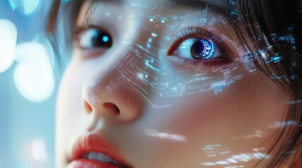 Close up of a woman's face with digital technology overlayed on her skin and in her eye area