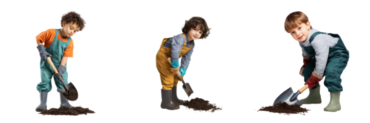 Kids digging in soil outdoor gardening activity colorful attire transparent background fun learning experience