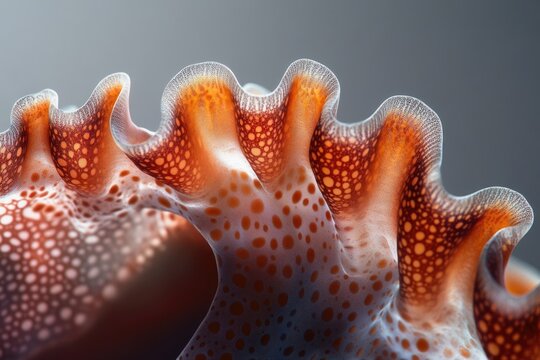 Close-up showcases a textured, translucent material with orange spots, resembling a marine creature's mantle or a unique organic structure.