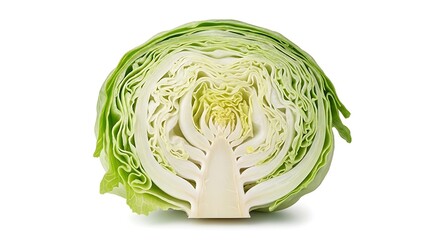 Freshly cut half head of green cabbage isolated on white background