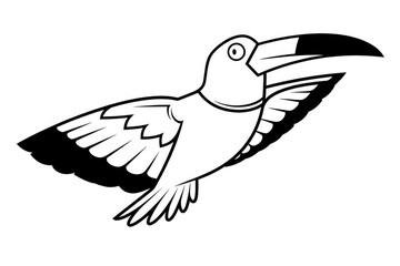 Fototapeta premium Cute flying toucan line art, simple black and white design with thick outline, perfect coloring page for kids.