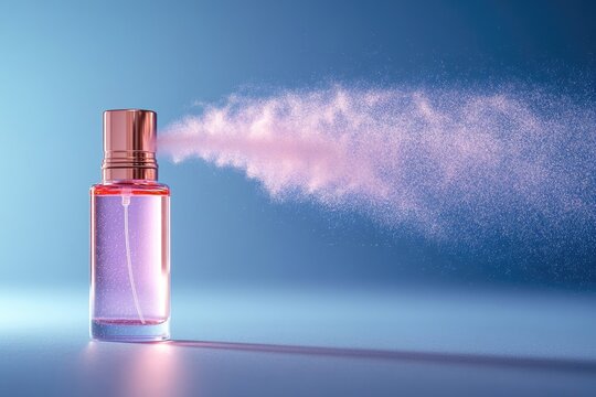 A sleek perfume bottle sprays a pink mist against a soft blue gradient background, creating an elegant fragrance advertisement.