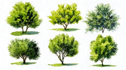Awesome photo of green grass isolated on white background, Set of watercolor tree top view for landscape plan and architecture layout.vibrant.