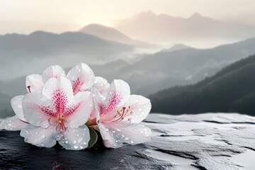 Delicate white flowers with pink spots glisten with dew against a backdrop of hazy mountain peaks.