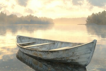 An old, weathered rowboat rests peacefully on a calm lake at sunrise with a foggy background.
