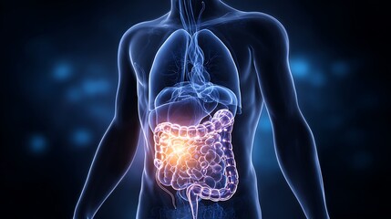 Awesome photo of gut Brain Axis. Stomach and intplies of man with highlighted stomach.