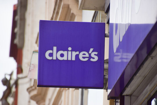 General view of the sign at a Claire's store, on August 16 2025 in London, UK