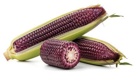 Fresh purple corn on the cob with husk isolated on white background