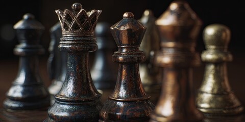 Dramatic Close-Up of Vintage Chess Pieces with a Focus on the King Piece in a Dimly Lit Setting