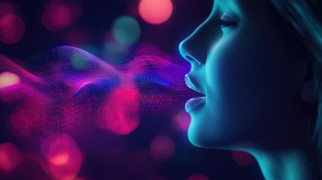 Side profile of a woman with digital waves emanating from her mouth in a neon lit environment - Powered by Adobe