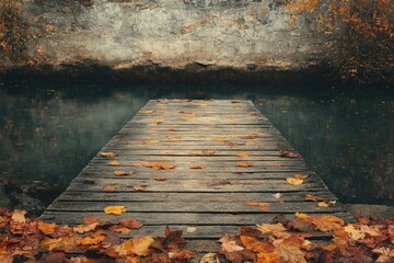 A rustic wooden pier leads into a still lake, adorned with autumnal leaves, creating a serene and reflective autumn scene.