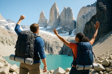 Two hikers celebrating at turquoise mountain lake with dramatic rock formations under clear sky during daylight travel adventure in scenic background. Ai generative