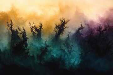 Fototapeta premium Abstract landscape with silhouetted trees against a colorful sky of yellow, teal, and purple, creating a surreal and mysterious atmosphere.