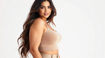 Pregnant plus-size woman with a gentle smile lovingly cradling her baby bump in a studio portrait