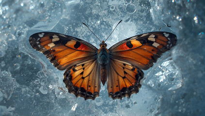 Macro photo of an orange and black butterfly on ice, sharp wing details and crystal textures. AI generative photography content, ideal for creative, editorial, and commercial visuals.