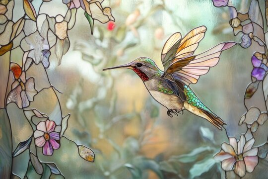 Stunning stained glass artwork featuring a hummingbird mid-flight amongst delicate flowers and foliage with unique textures.