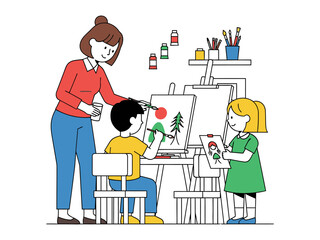 Creative Expression: A teacher guiding two children in an art studio, fostering a vibrant learning environment through paint and canvas. Witness the magic of art education.