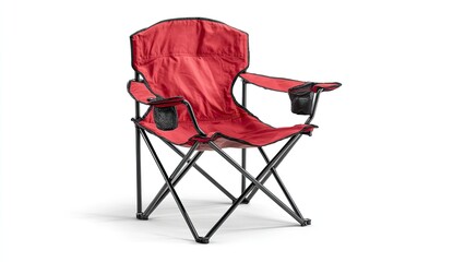Red folding chair with black frame, isolated on white