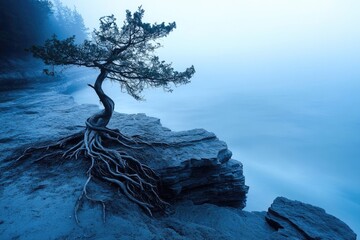 A lone windswept tree clings to a rocky cliff edge overlooking a misty blue ocean, displaying resilience and natural beauty.