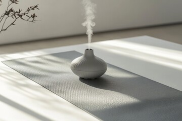A modern grey humidifier emitting vapor in a minimalist setting, complemented by a decorative branch and textured mat.