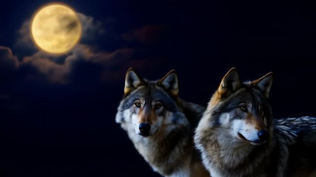 Two wild wolves under a bright full moon at night