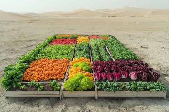 A vibrant vegetable garden thrives incongruously in a desert landscape, juxtaposing fertile life with the arid and desolate environment.