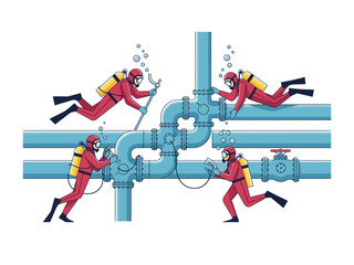 Underwater Pipeline Inspection: Four divers in vibrant red suits meticulously inspect and maintain an intricate network of underwater pipelines, showcasing expertise in infrastructure.