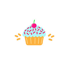 Vector art of cute cartoon cupcake with blue frosting and red sprinkles isolated on white background