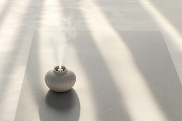 A ceramic diffuser releases a mist on a textured surface, bathed in soft, patterned sunlight, creating a calming atmosphere.
