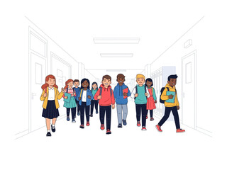 School Days' March: A vibrant illustration capturing the energy of diverse students striding down a hallway, backpacks swinging, as they embark on their day's adventures.