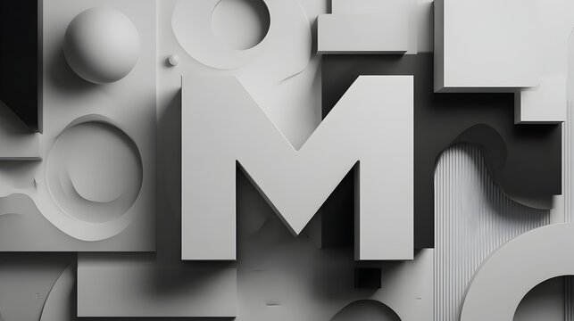 Modern abstract 3d letter m composition with geometric shapes, minimal monochrome background design, futuristic style typography, creative visual art for branding and digital media.