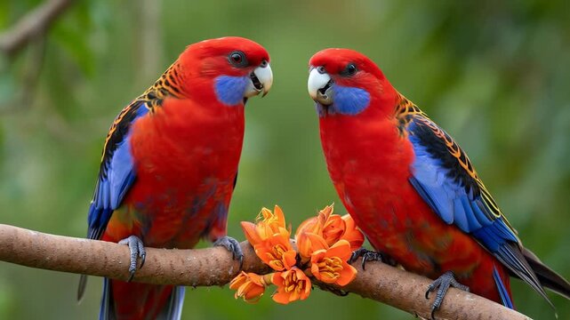 A pair of vibrant crimson rosellas on a branch