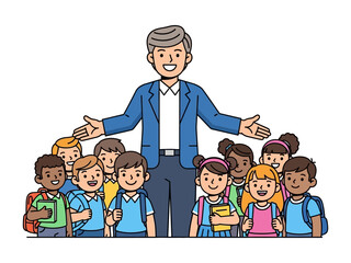 School Days' Bonds: A teacher stands with arms wide, embraced by a group of diverse children, representing the warmth and bonds of education and unity.