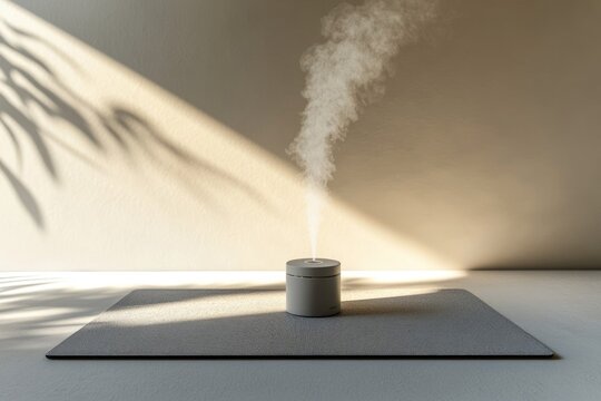 A modern humidifier emits vapor on a gray mat, illuminated by sunlight and leaf shadows against a neutral wall.