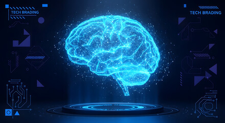 Holographic brain representation, futuristic technology, digital display.