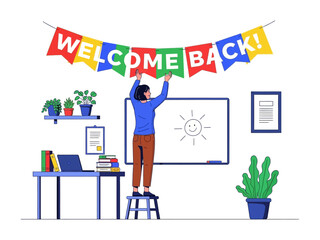Warm Welcome: A cheerful scene depicts a woman setting up a banner reading WELCOME BACK!, creating an inviting atmosphere for return, showcasing the essence of beginning again.
