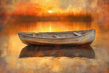 A weathered wooden rowboat rests on calm water, reflecting a vibrant orange sunset and tall reeds in the background.