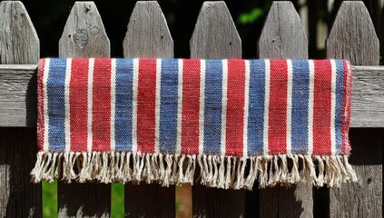 Striped rug draped over weathered wooden fence