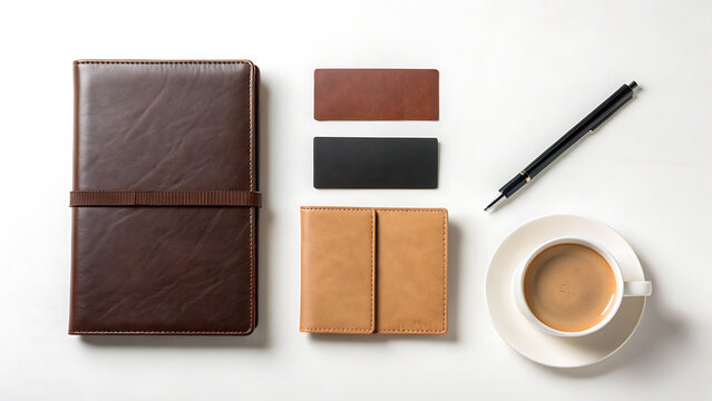 Elegant leather notebook business card holder pen and coffee cup flat lay arrangement - Powered by Adobe