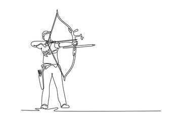 Continuous line drawing side view of male archer with archery gear drawing his bow and aiming arrow in stadium. Sportsman exercise focus, precision for national competition. Design vector illustration