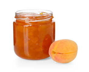 Tasty apricot jam in jar and fresh fruit isolated on white