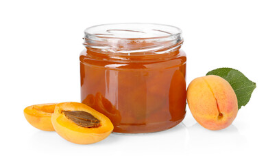 Tasty apricot jam in jar, fresh fruits and green leaf isolated on white