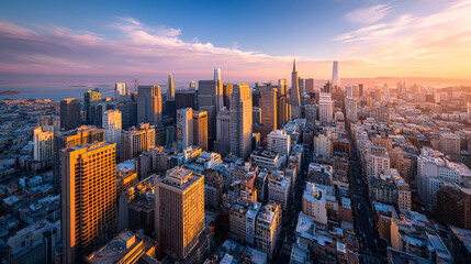 Obraz premium Golden Hour Aerial View of San Francisco Skyline: Vibrant Cityscape at Sunset